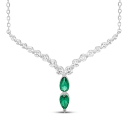 Pear-Shaped Lab-Created Emerald & White Lab-Created Sapphire Chevron Necklace 10K White Gold 18"