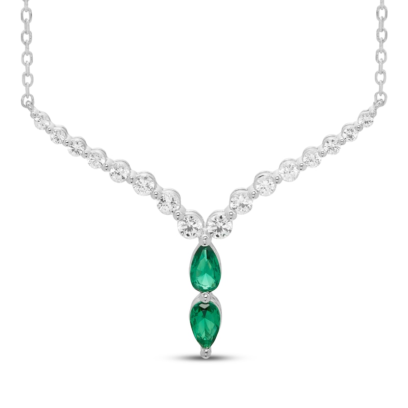 Main Image 1 of Pear-Shaped Lab-Created Emerald & White Lab-Created Sapphire Chevron Necklace 10K White Gold 18"