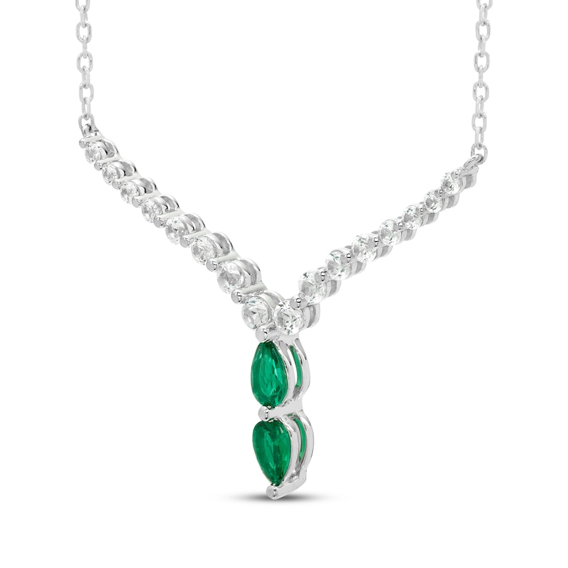 Main Image 2 of Pear-Shaped Lab-Created Emerald & White Lab-Created Sapphire Chevron Necklace 10K White Gold 18"