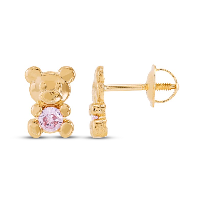 Main Image 3 of Children's Pink Cubic Zirconia Teddy Bear Stud Earrings 14K Yellow Gold