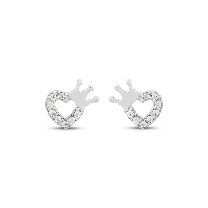 Main Image 2 of Children's Cubic Zirconia Heart & Crown Stud Earrings Sterling Silver