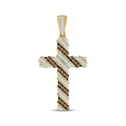 Men's Brown & White Diamond Cross Charm 1 ct tw 10K Yellow Gold