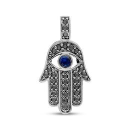 Men's Blue Lab-Created Sapphire & Black Diamond Hamsa Charm 1/2 ct tw Black Rhodium-Plated Sterling Silver