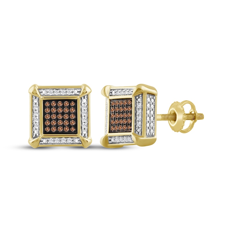 Main Image 1 of Men's Brown & White Multi-Diamond Square Stud Earrings 1/4 ct tw 10K Yellow Gold