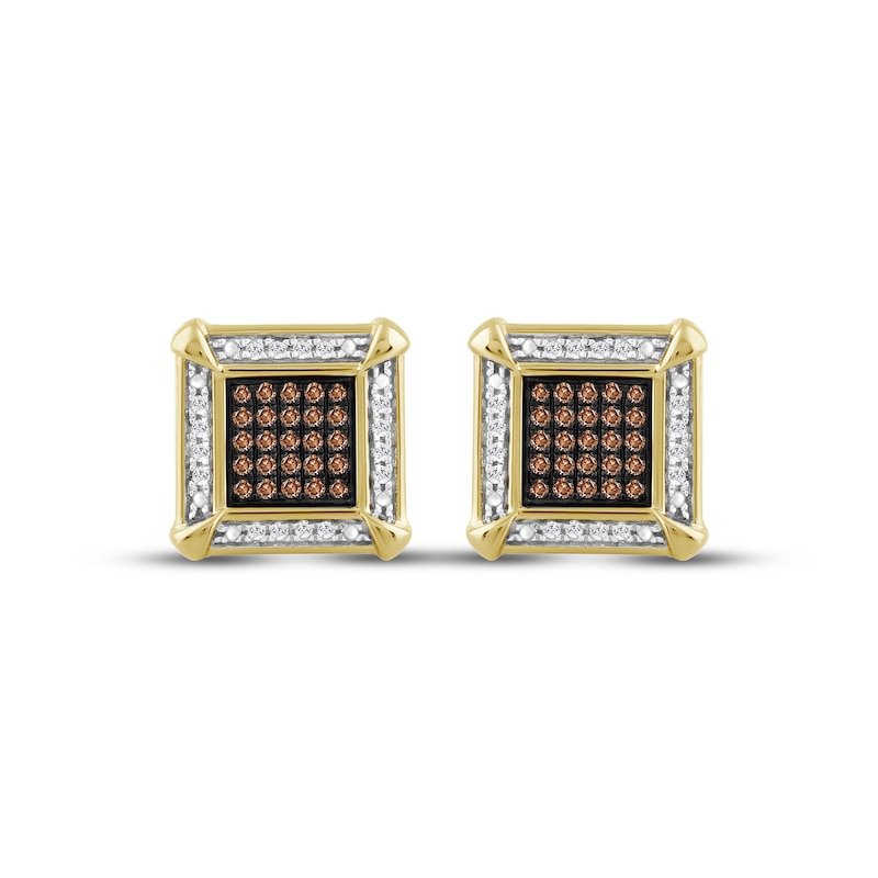 Main Image 2 of Men's Brown & White Multi-Diamond Square Stud Earrings 1/4 ct tw 10K Yellow Gold