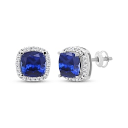 Men's Cushion-Cut Blue Lab-Created Sapphire & Diamond Stud Earrings 1/6 ct tw 10K White Gold