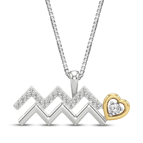 White Lab-Created Sapphire Aquarius Zodiac Symbol Necklace Sterling Silver & 10K Yellow Gold 18"