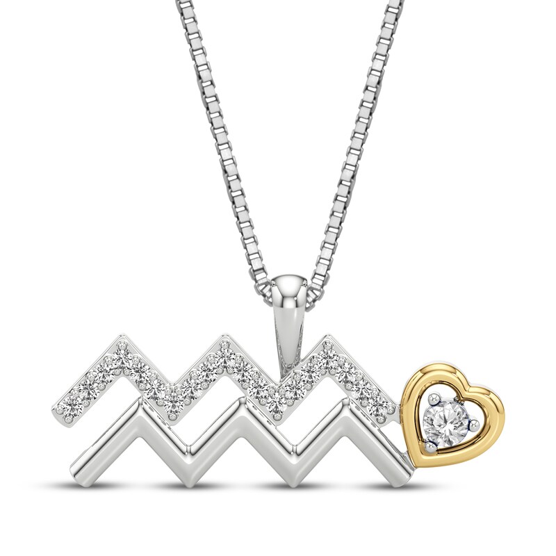 Main Image 1 of White Lab-Created Sapphire Aquarius Zodiac Symbol Necklace Sterling Silver & 10K Yellow Gold 18"
