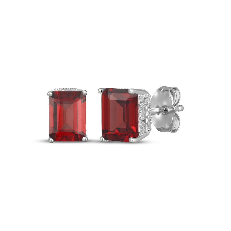 Main Image 1 of Emerald-Cut Garnet & White Lab-Created Sapphire Hidden Halo Stud Earrings Sterling Silver