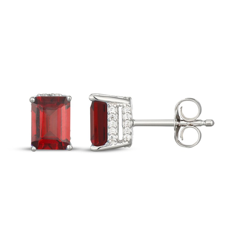 Main Image 3 of Emerald-Cut Garnet & White Lab-Created Sapphire Hidden Halo Stud Earrings Sterling Silver
