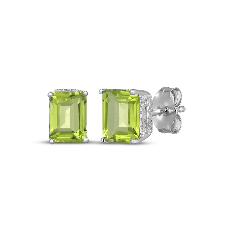 Main Image 1 of Emerald-Cut Peridot & White Lab-Created Sapphire Hidden Halo Stud Earrings Sterling Silver