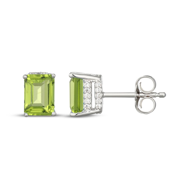 Main Image 3 of Emerald-Cut Peridot & White Lab-Created Sapphire Hidden Halo Stud Earrings Sterling Silver