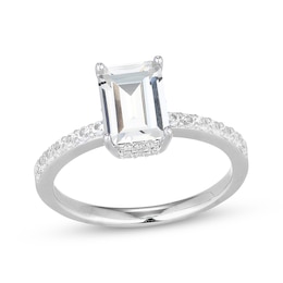Emerald-Cut White Lab-Created Sapphire Hidden Halo Ring Sterling Silver