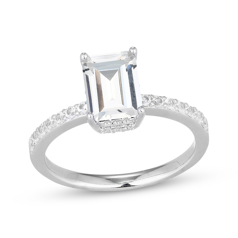 Main Image 1 of Emerald-Cut White Lab-Created Sapphire Hidden Halo Ring Sterling Silver