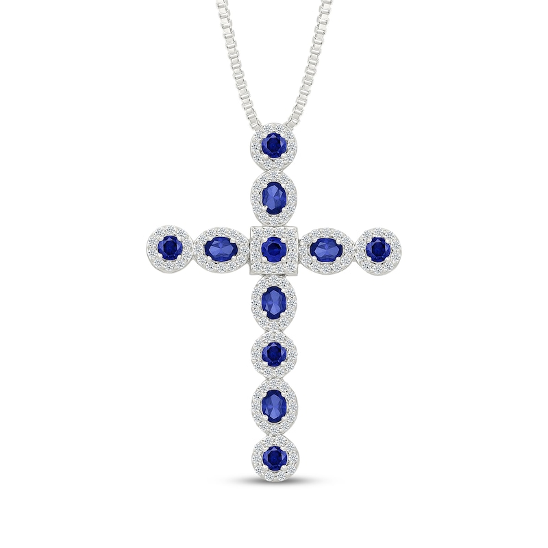 Main Image 1 of Men's Oval & Round-Cut Blue Lab-Created Sapphire Cross Necklace Sterling Silver 22"