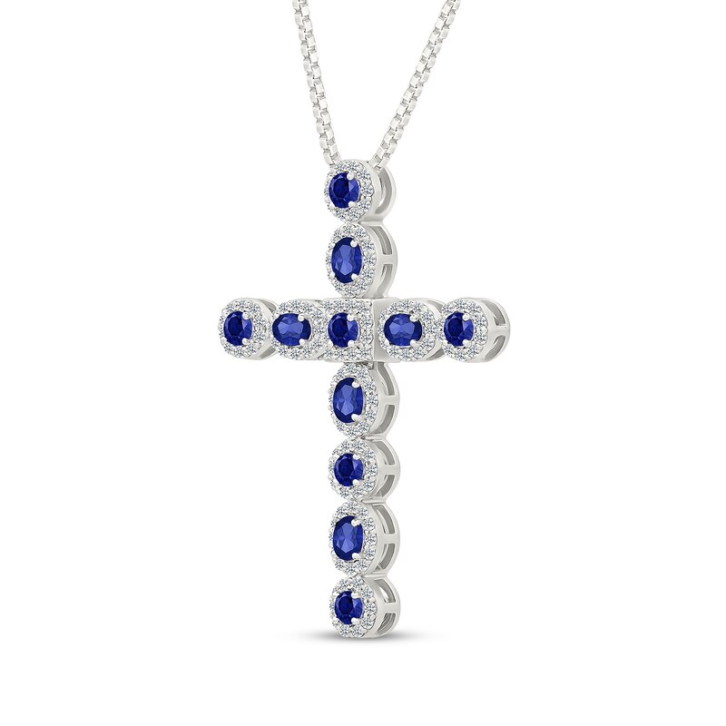 Main Image 2 of Men's Oval & Round-Cut Blue Lab-Created Sapphire Cross Necklace Sterling Silver 22"