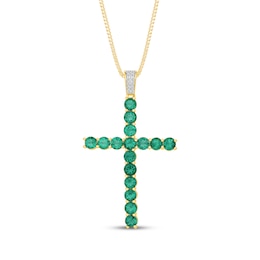 Men's Lab-Created Emerald & White Lab-Created Sapphire Cross Necklace 10K Yellow Gold 22"