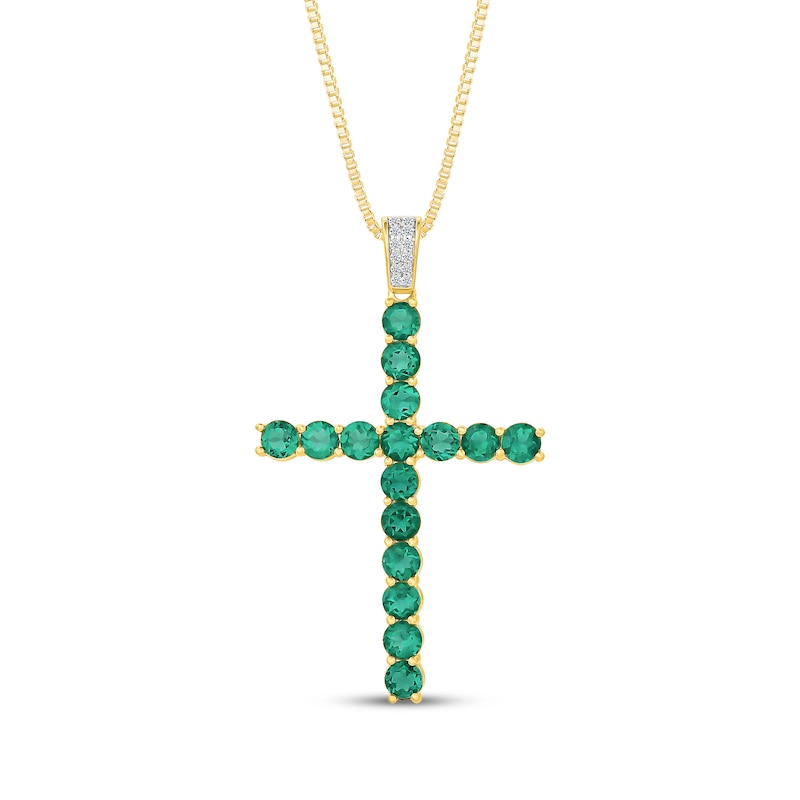 Main Image 1 of Men's Lab-Created Emerald & White Lab-Created Sapphire Cross Necklace 10K Yellow Gold 22"