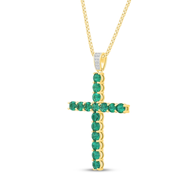 Main Image 2 of Men's Lab-Created Emerald & White Lab-Created Sapphire Cross Necklace 10K Yellow Gold 22"
