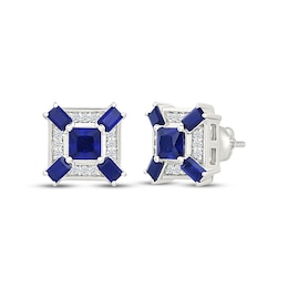 Men's Square-Cut Blue Lab-Created Sapphire & White Lab-Created Sapphire Stud Earrings 10K White Gold