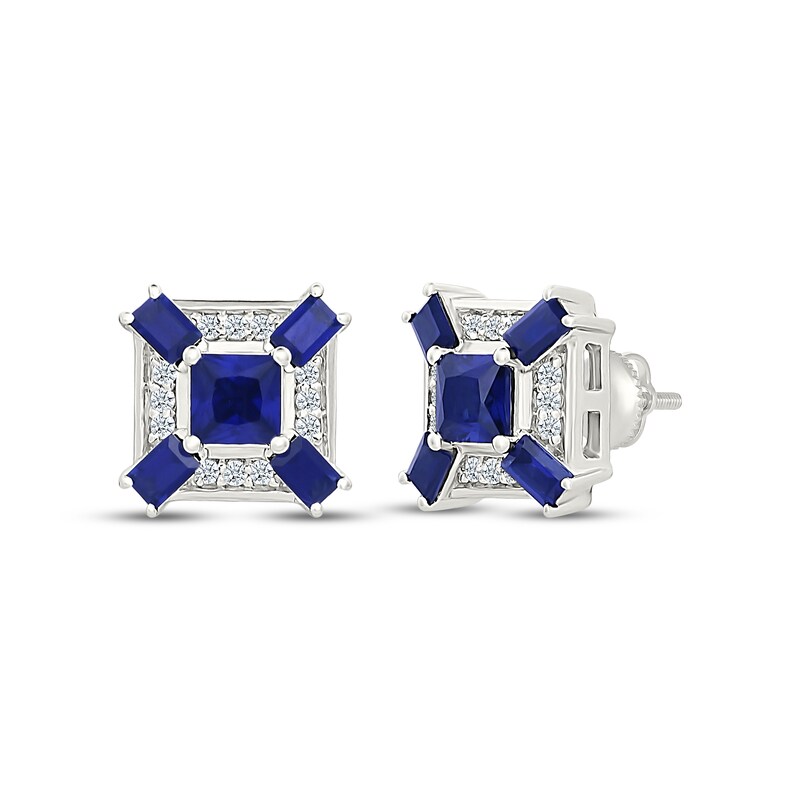 Main Image 1 of Men's Square-Cut Blue Lab-Created Sapphire & White Lab-Created Sapphire Stud Earrings 10K White Gold