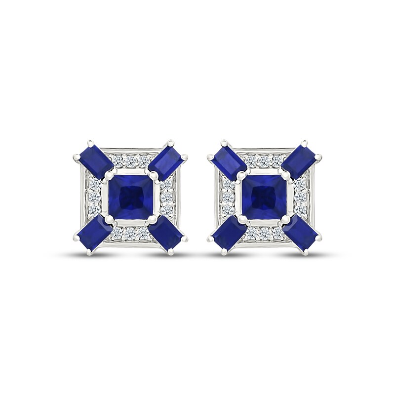 Main Image 2 of Men's Square-Cut Blue Lab-Created Sapphire & White Lab-Created Sapphire Stud Earrings 10K White Gold