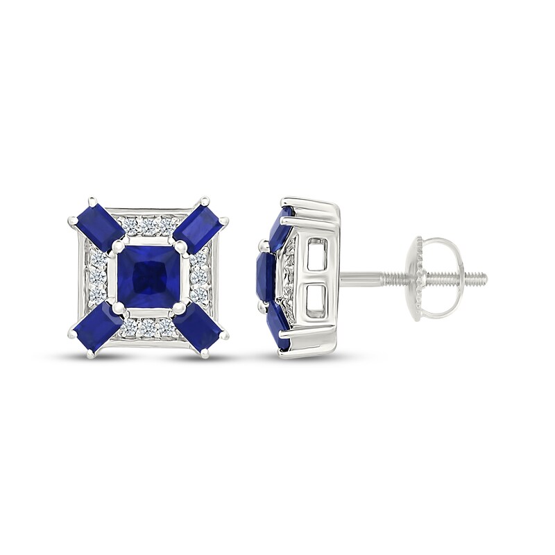 Main Image 3 of Men's Square-Cut Blue Lab-Created Sapphire & White Lab-Created Sapphire Stud Earrings 10K White Gold