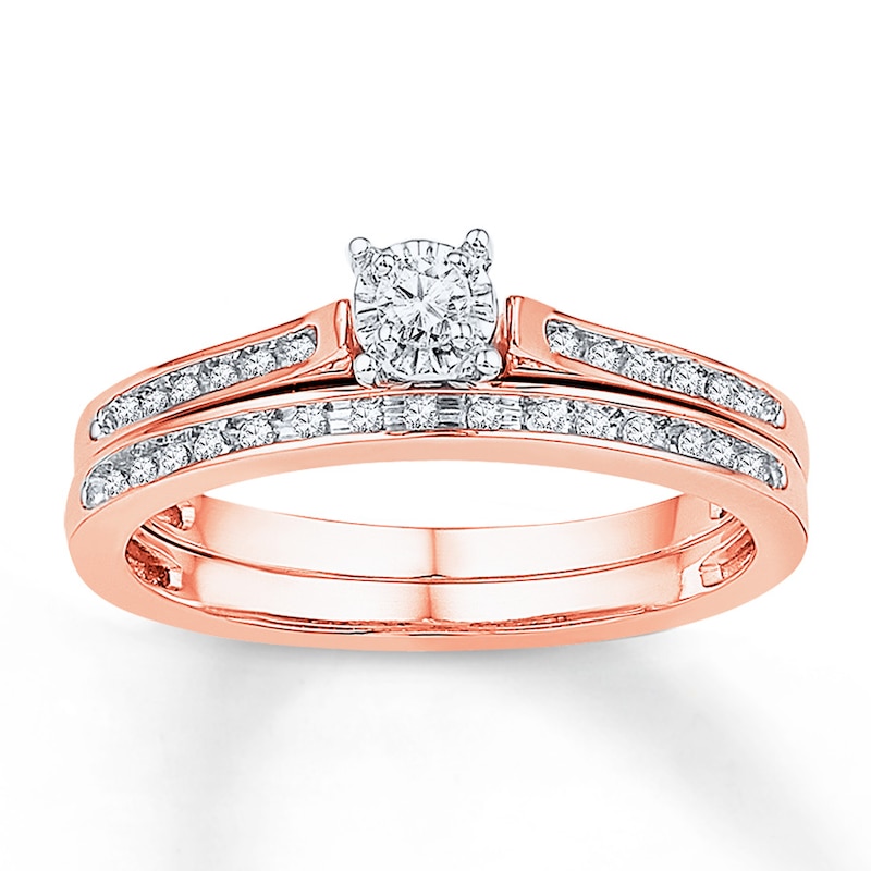 Rose Gold, 7 Onefa Hot Sale 2019 New Women Diamond Silver & Rose Gold Filed Silver Wedding Engagement Floral Ring Set Rose Gold-Plated Color Separation Jewelry Simple Plated Ring 