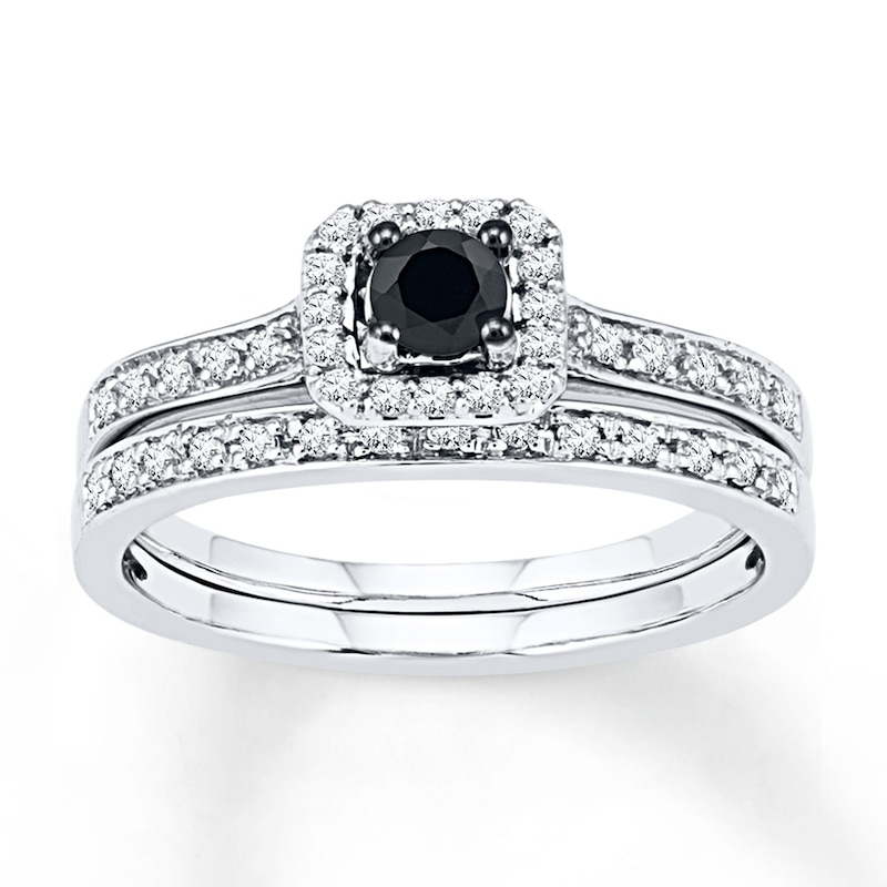 1.50 Carat Oval Lab Created Black Diamond Wedding Set for Her - Black Stone Diamond Ring - 10K Black Gold, Women's, Size: 4