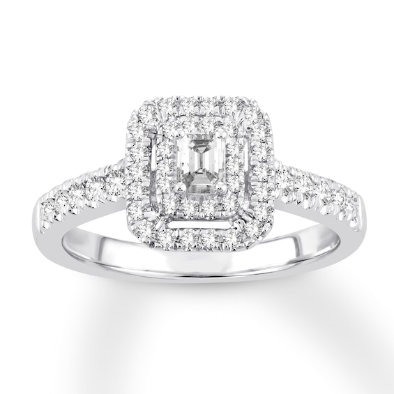 Diamond Engagement Ring 1/2 ct tw Emerald & Round 14K White Gold