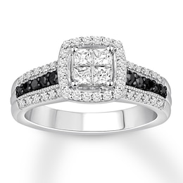 Princess-Cut Quad Black & White Diamond Engagement Ring 3/4 ct tw 14K White Gold