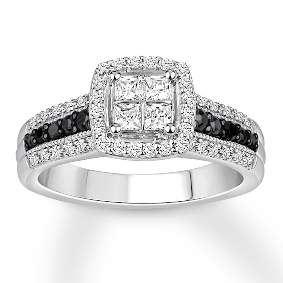 Princess-Cut Quad Black & White Diamond Engagement Ring 3/4 ct tw 14K White Gold