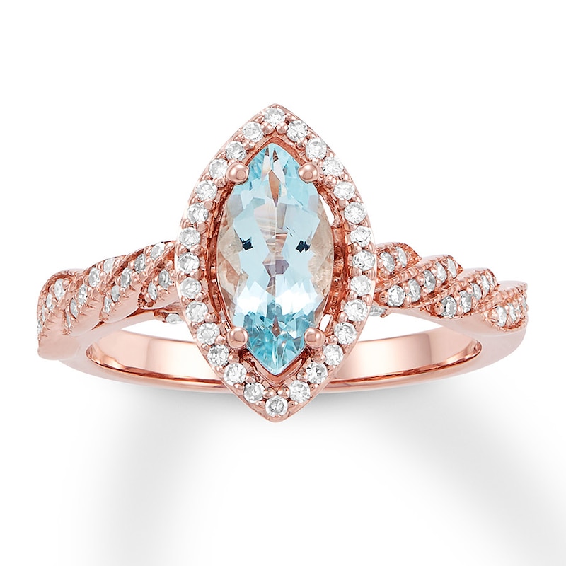 Aquamarine Engagement Ring 1 3 Ct Tw Diamonds 14k Rose Gold Halo