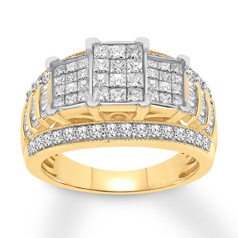 Diamond Engagement Ring 2 ct tw Princess, Round & Baguette 10K Yellow Gold