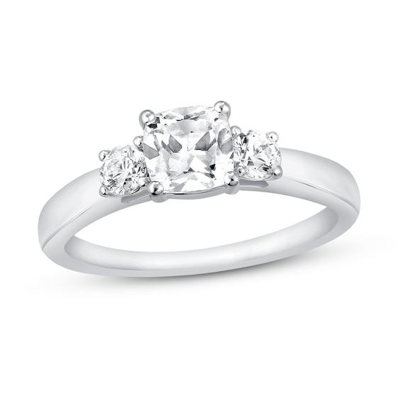 pix How Big Is 1/4 Carat Diamond three stone diamond engagement ring 1 1 4 ct tw cushion round cut 14k white gold