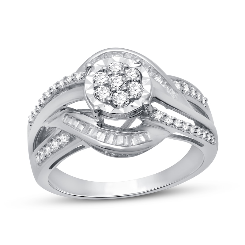 Diamond Engagement Ring 1/2 ct tw Round & Baguette-cut 10K White Gold