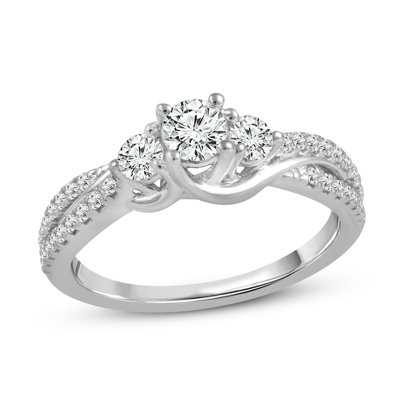 3 Stone Diamond Engagement Ring 3/4 ct tw Round-cut 10K White Gold