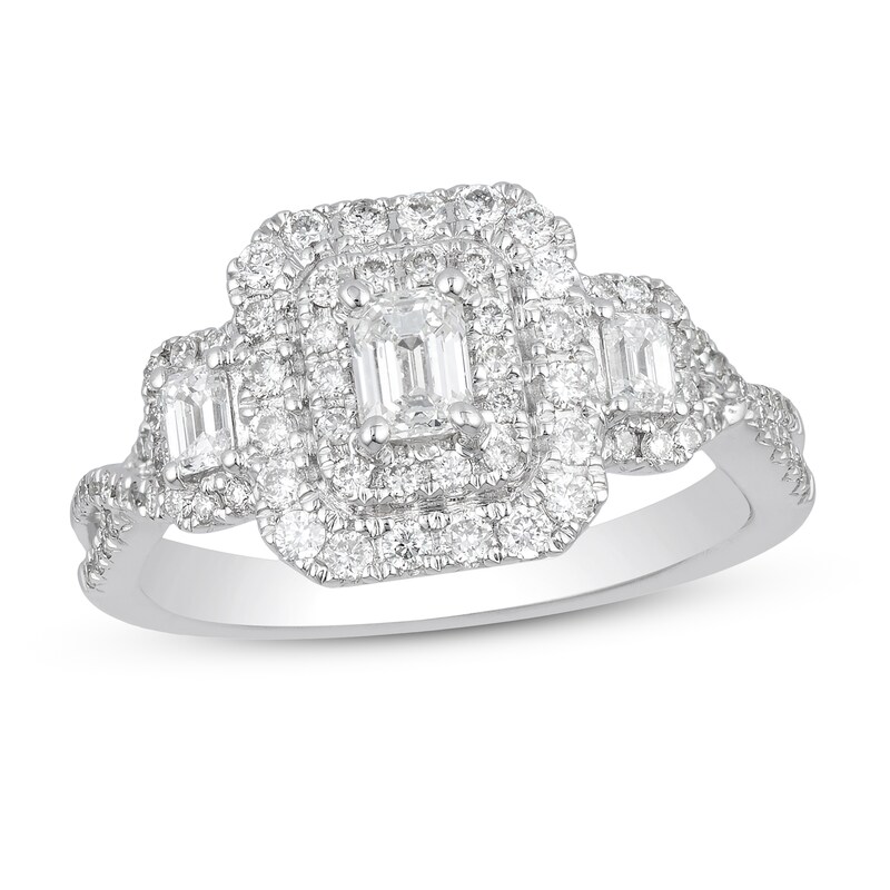 Diamond Engagement Ring 1 ct tw Emerald & Round-cut 14K White Gold