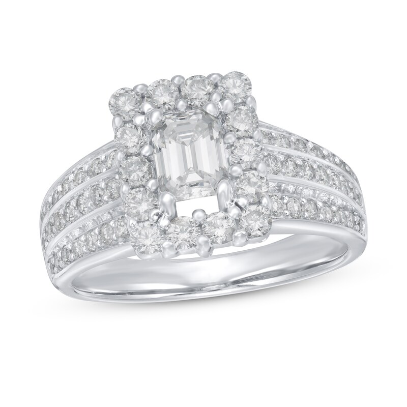 Diamond Engagement Ring 1-3/4 ct tw Emerald & Round-cut 14K White Gold