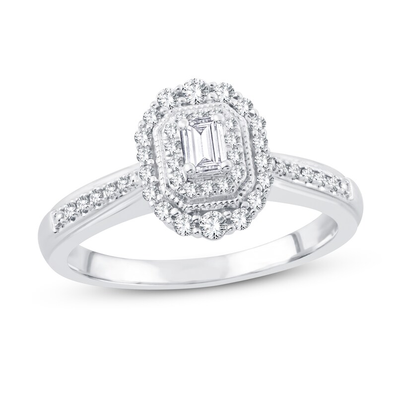 Diamond Engagement Ring 3/8 ct tw Emerald & Round-cut 10K White Gold