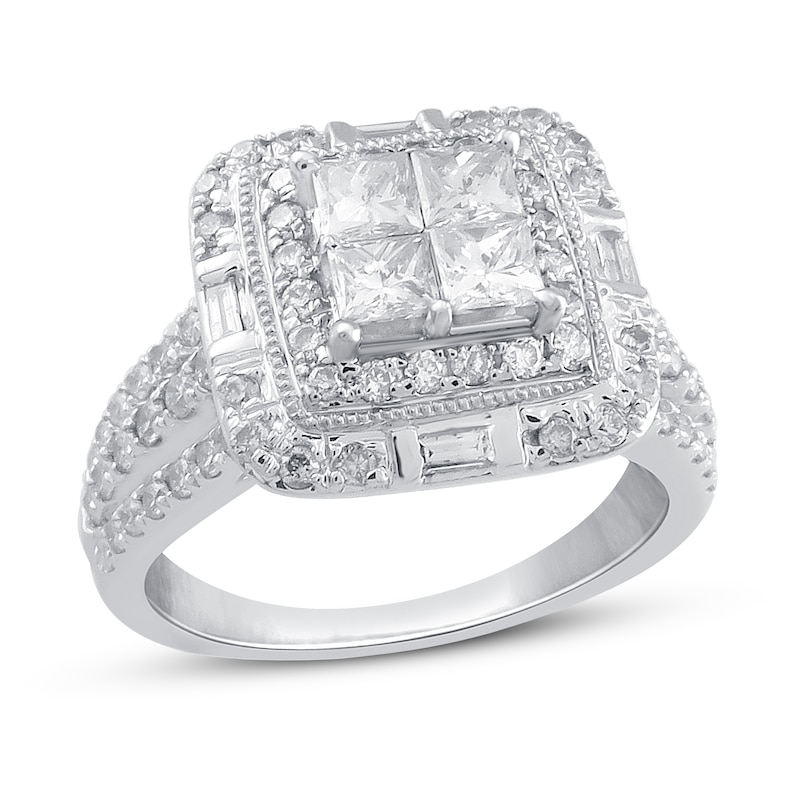 Diamond Engagement Ring 1-1/8 ct tw Princess, Round & Baguette-cut 14K White Gold