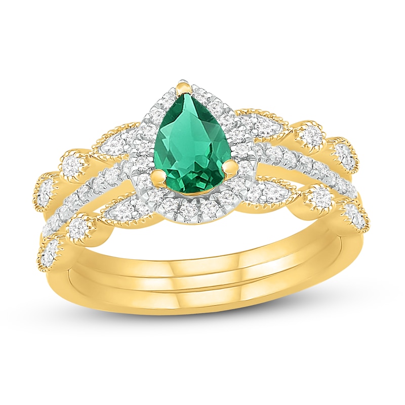 Emerald & Diamond Double Band Bridal Set 3/8 ct tw 10K Yellow Gold