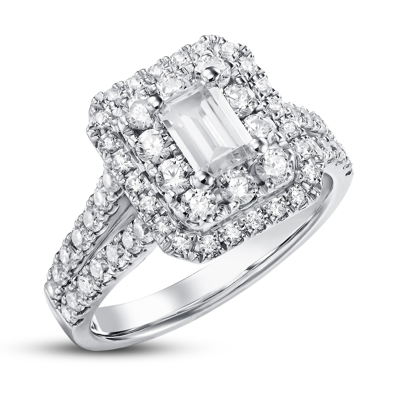 Diamond Engagement Ring 1-3/4 ct tw Emerald & Round 14K White Gold
