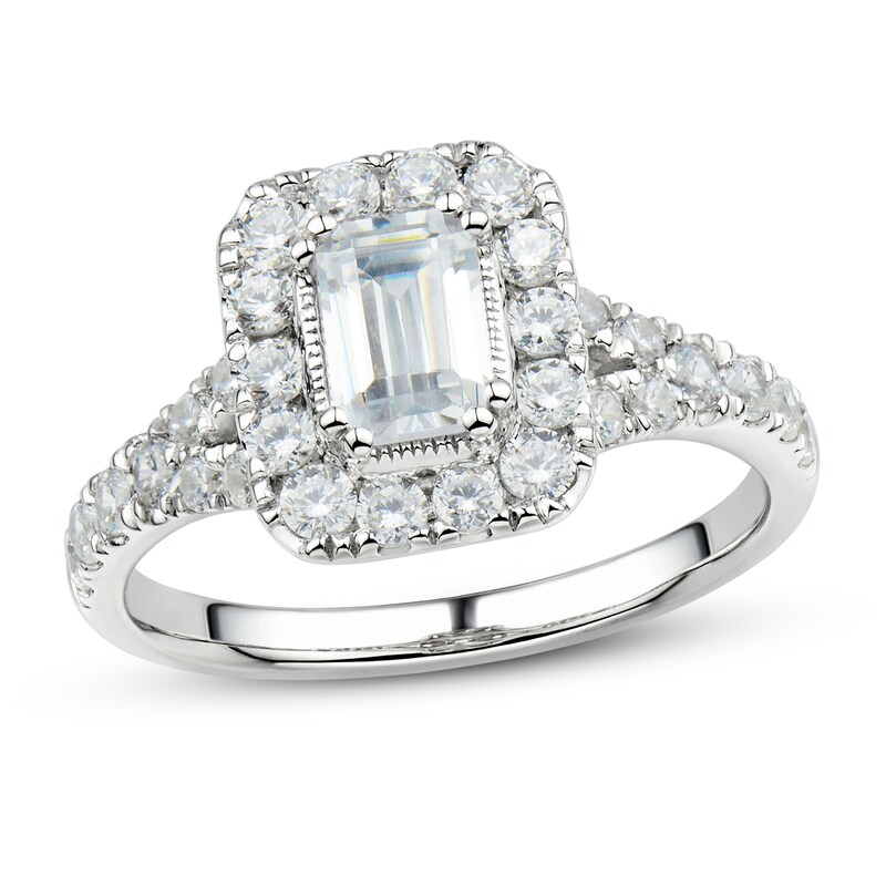 Diamond Engagement Ring 1-3/8 ct tw Emerald & Round 14K White Gold