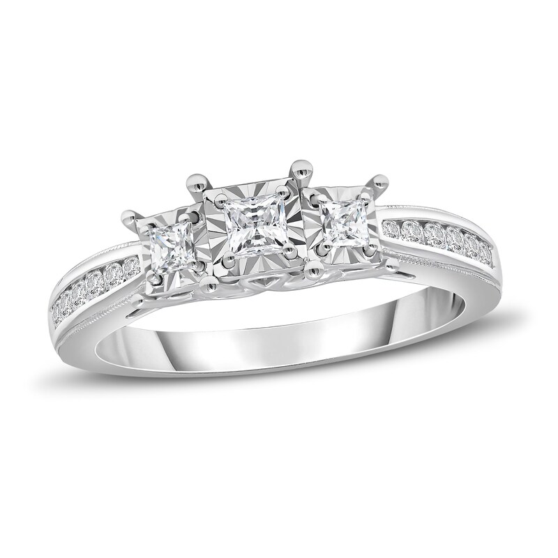 Three Stone Diamond Engagement Ring 1/2 ct tw Princess/Round 10K White Gold