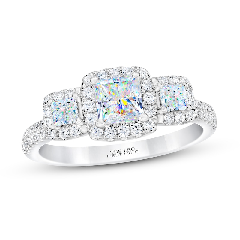 Main Image 1 of THE LEO First Light 3-Stone Diamond Engagement Ring 1-1/6 ct tw Princess/Round 14K White Gold