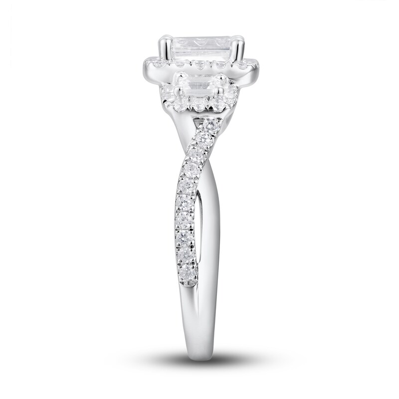 Three-Stone Diamond Engagement Ring 1-1/3 ct tw Emerald/Round 18K White Gold