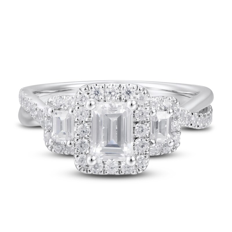 Three-Stone Diamond Engagement Ring 1-1/3 ct tw Emerald/Round 18K White Gold