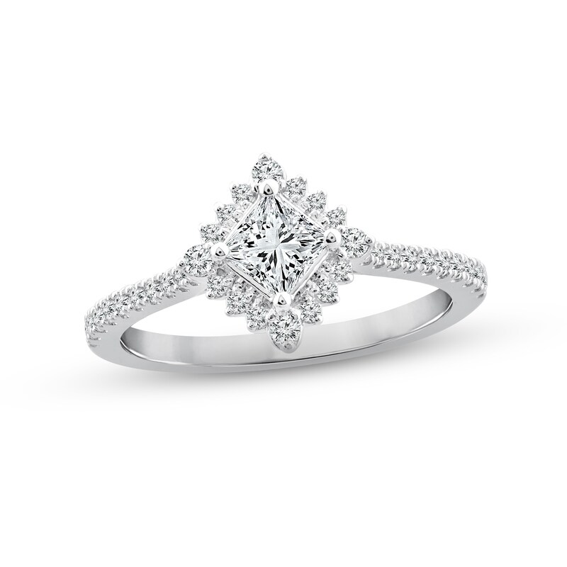 Diamond Halo Engagement Ring 3/4 ct tw Princess & Round-cut 14K White Gold