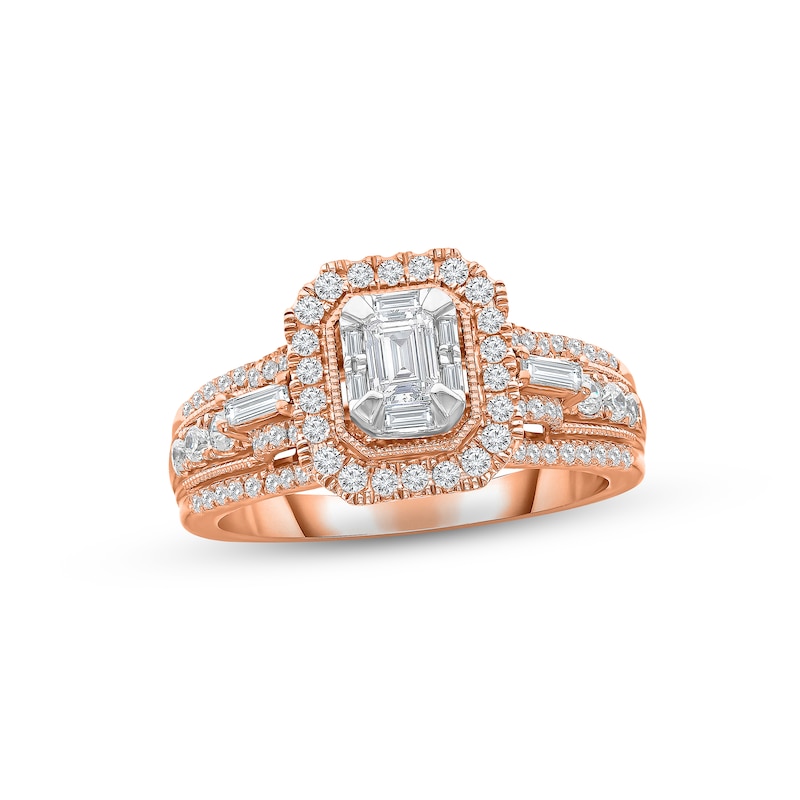 Main Image 1 of Adore Diamond Engagement Ring 1 ct tw Emerald, Baguette & Round-cut 14K Rose Gold